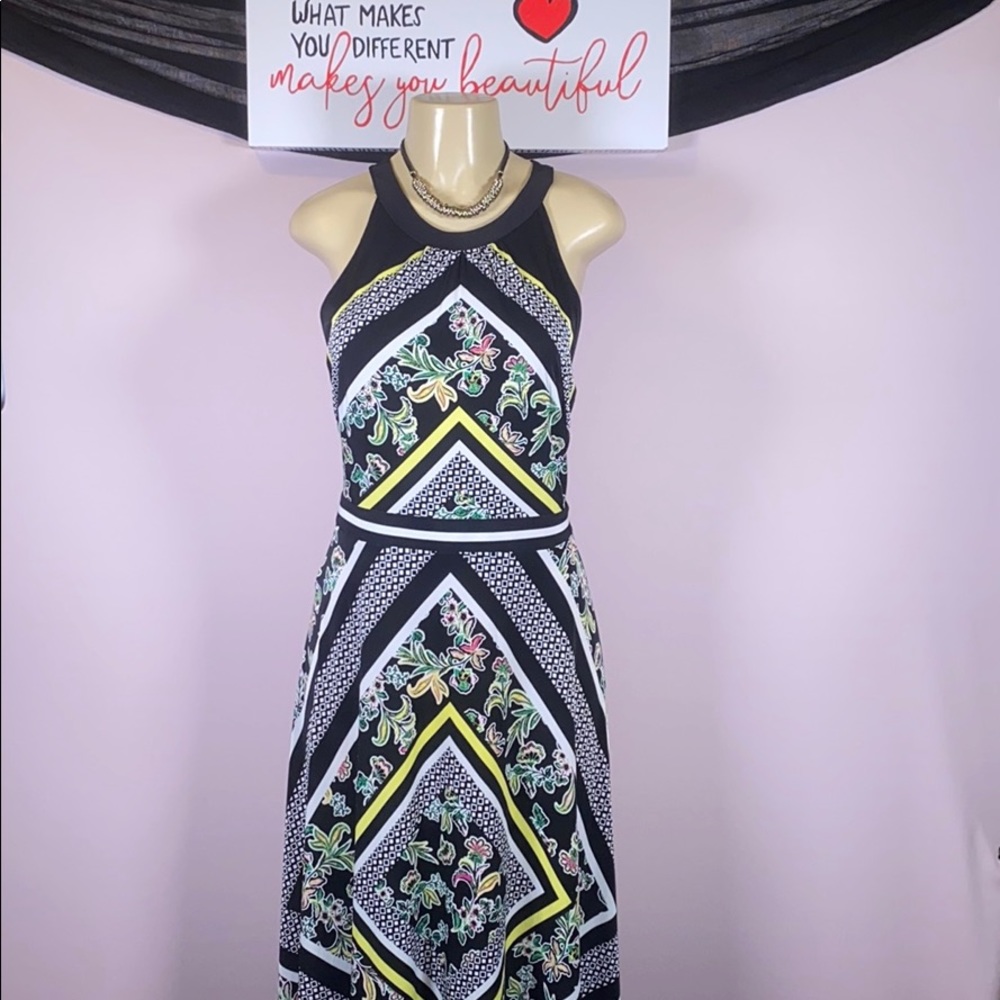 Printed Halter Midi Dress - Black with Yellow and Floral Accents